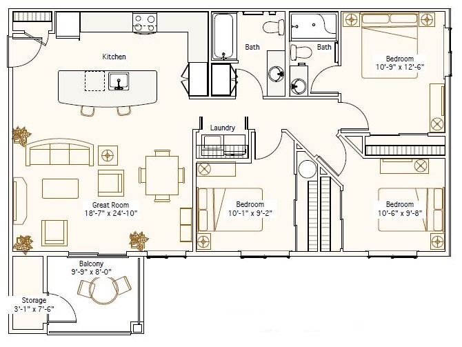 Floor plan for 3 beds, 2 baths, 1168 sqft